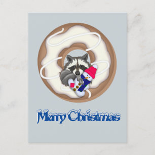 Cartão Postal Raccoon com neve Feliz Natal