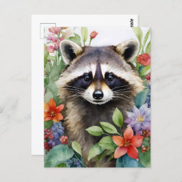Cartão Postal Raccoon Floral Watercolor Art