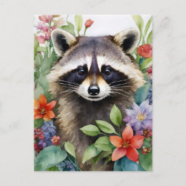 Cartão Postal Raccoon Floral Watercolor Art