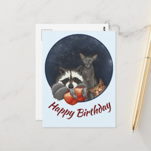 Cartão Postal Racoon e gatos com maçãs Feliz Aniversário