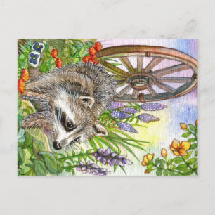 Cartão Postal Racoon Por Jardim Flor