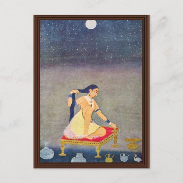 Cartão Postal Radha À Noite. Mughal Painting Ca 1650Th Por Indis (Frente)