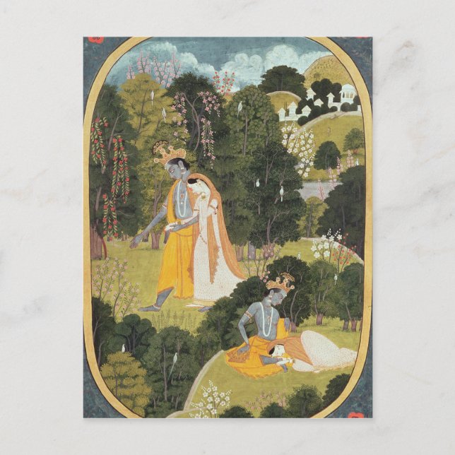 Cartão Postal Radha e Krishna que andam em um bosque (Frente)