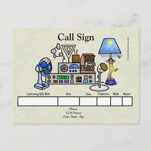 Cartão Postal Rádio Crazy Ham com placa QSL de lâmpada de Hula (Frente)