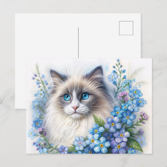 Cartão Postal Ragdoll Cat With Forget-Me-Nots (Frente/Verso)