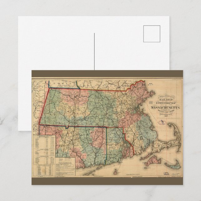 Cartão Postal Rail Road & Township Map of Massachusetts, 1879 (Frente/Verso)
