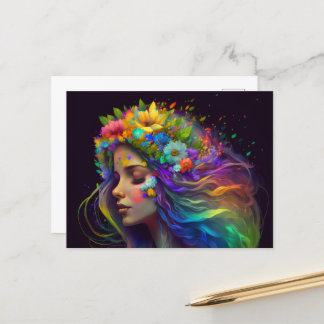 Cartão Postal Rainbow Flowers & Hair Woman