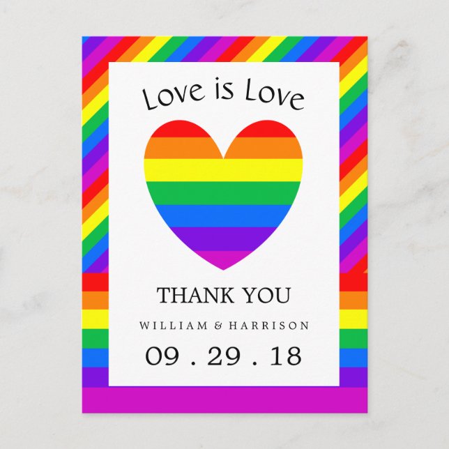 Cartão Postal Rainbow Heart Love is Love Weding Obrigado (Frente)
