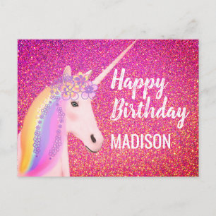 Cartão Postal Rainbow Unicorn Pink Faux Glitter Birthday