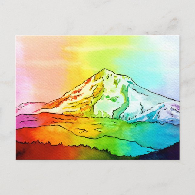 Cartão Postal Rainbow Watercolor Monte Hood (Frente)