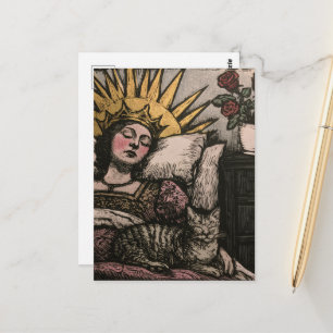 Cartão Postal Rainha Adormecida e seu Gato em Xilogravura