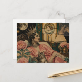Cartão Postal Rainha do Conto de Fadas Retro e Seu Gato na Cama