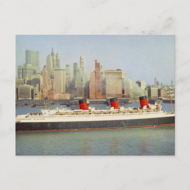 Cartão Postal Rainha RMS Mary Velejando Nova York década de 1950 (Frente)