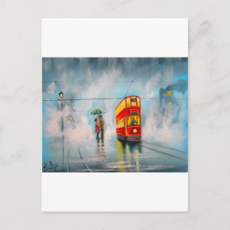Cartão Postal RAINY DAY UMBRELLA RED TRAM casal romântico