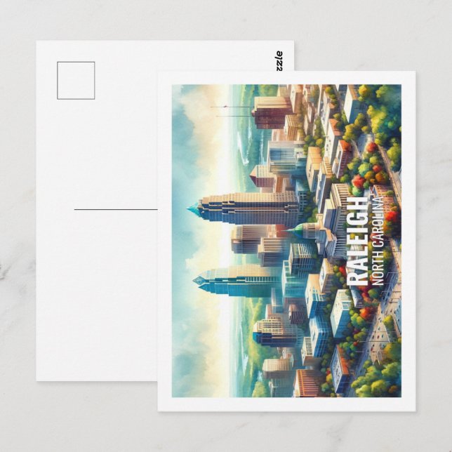 Cartão Postal Raleigh North Carolina, Familiar Viagem aquarela (Frente/Verso)