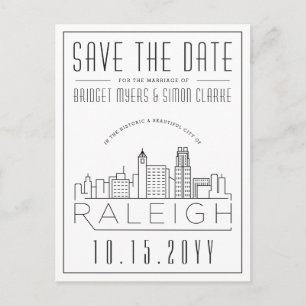 Cartão Postal Raleigh Wedding   Skyline Estilizado Salvar a Data