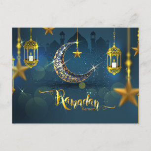 Cartão Postal Ramadã Azul e Dourada Lua Fanoos