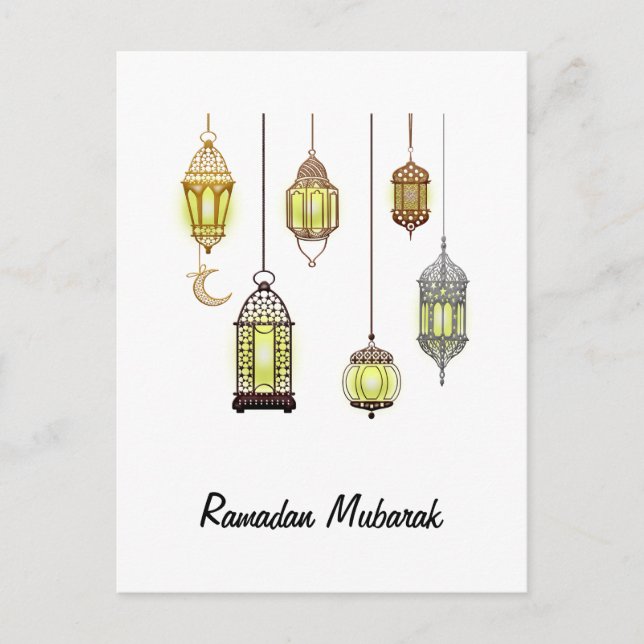 Cartão Postal Ramadan Kareem Crescent Lanternas Mubarak Islâmico (Frente)