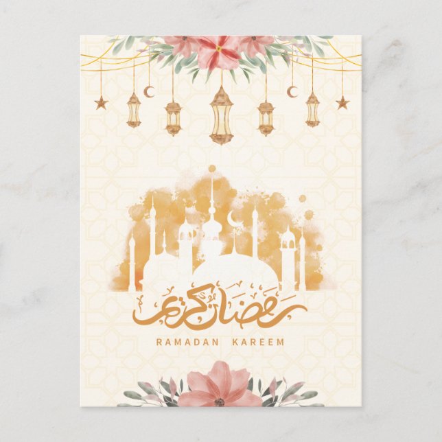 Cartão Postal Ramadan Kareem Floral Watercolor Lanternas (Frente)