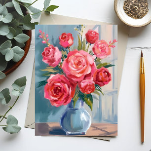 Cartão Postal Ramalhete de Rosas   Floral em Aquarela Vaso de Fl