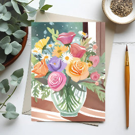Cartão Postal Ramalhete Floral de Primavera | Aquarela de Vaso d
