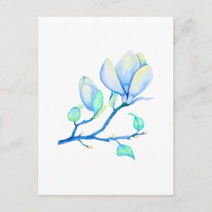 Cartão Postal Ramo de Magnólia em Aquarela Azul Verde Botânico