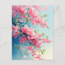 Cartão Postal Ramos de Flor de Cerejeira Rosa no Céu Azul