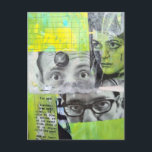 Cartão Postal Random Collage of  Vintage Faces Green Yellow<br><div class="desc">A woman is injured,  a man finds her,  a doctor looks at her this is the story of this mixed media collage made from images from a magazine from 1968.</div>
