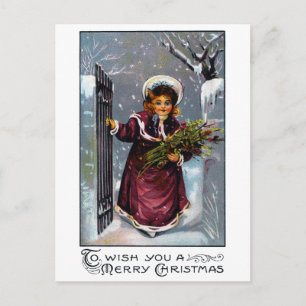 Cartão Postal Rapariga atravessa a porta frontal no inverno