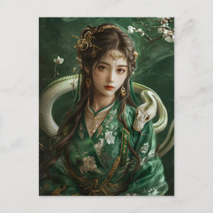 Cartão Postal Rapariga com Arte Zodiática Chinesa Cobra