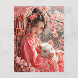 Cartão Postal Rapariga com Arte Zodiosa Chinesa-Suína