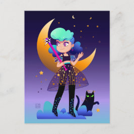 Cartão Postal Rapariga com cabelo azul e gato preto
