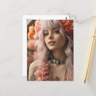 Cartão Postal Rapariga com Cabelo e Flores Rosa
