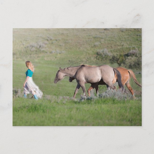 Cartão Postal Rapariga com cavalos (Frente)