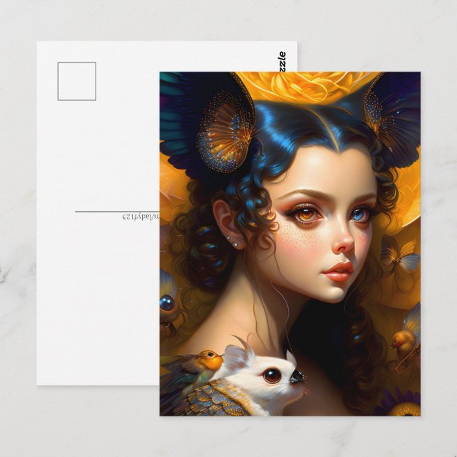 Cartão Postal Rapariga com criaturas bonitas, Pós-Travessia (Frente/Verso)
