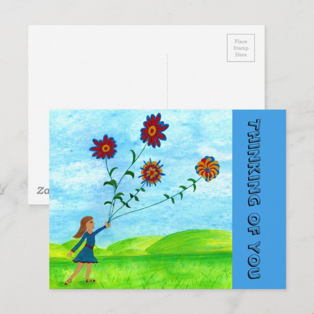 Cartão Postal "Rapariga com Flores" Pensando em você Cartão-Post (Frente/Verso)