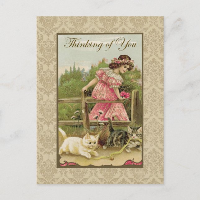 Cartão Postal Rapariga com gatos pensando em sua reprodução vene (Frente)
