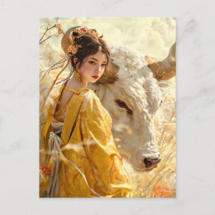 Cartão Postal Rapariga com Ox Chinesa Arte Zodiática