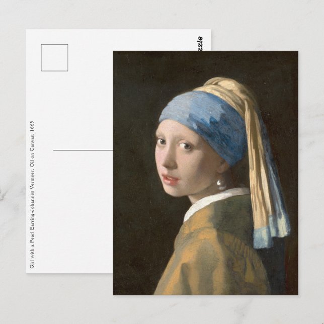 Cartão Postal Rapariga com pérolas e Arte Vermeer (Frente/Verso)