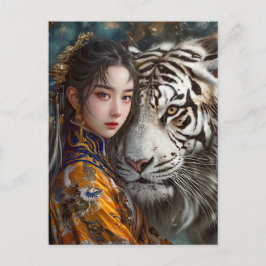 Cartão Postal Rapariga com Tigre Chinês - Arte Zodiaca