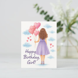 Cartão Postal Rapariga de aniversário com balões - Saudação de a