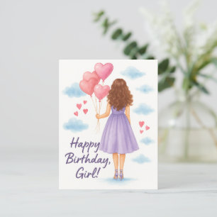 Cartão Postal Rapariga de aniversário com balões - Saudação de a