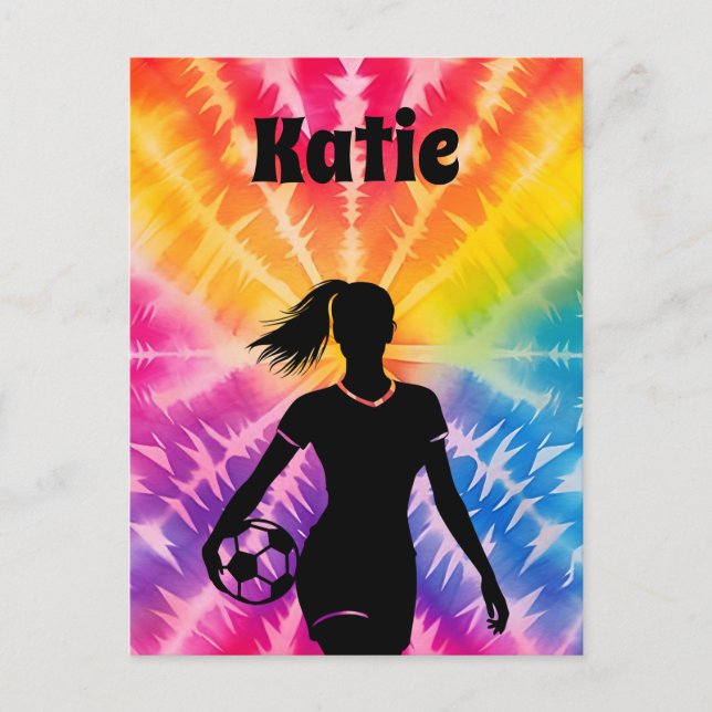 Cartão Postal Rapariga de futebol personalizada Tie Dye Rainbow  (Frente)