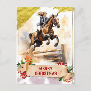 Cartão Postal Rapariga de Natal Andando Cavalo Sobre Salto