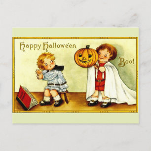 Cartão Postal Rapariga e Menino Imagem Vintage Halloween Pumpkin
