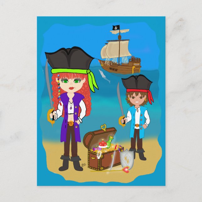 Cartão Postal Rapariga e Menino Piratas com Cartão-Postal de Nav (Frente)