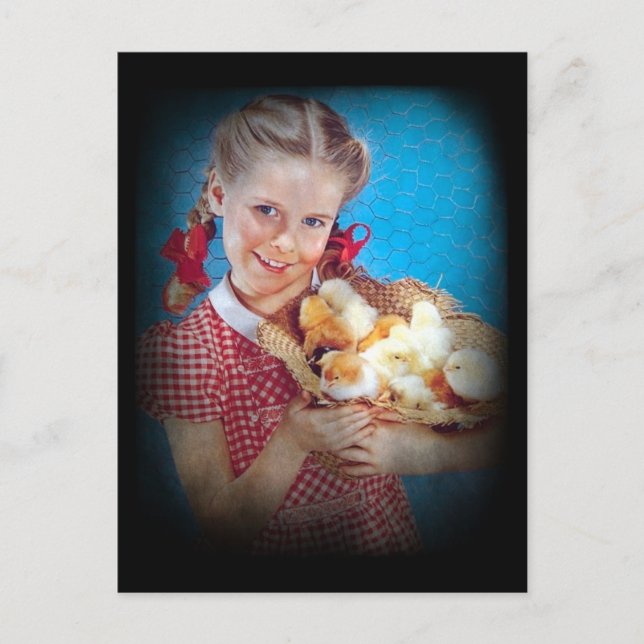 Cartão Postal Rapariga e Pintinhos (Frente)