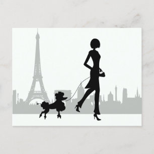 Cartão Postal Rapariga e Poodle Paris Skyline Eiffel Tower