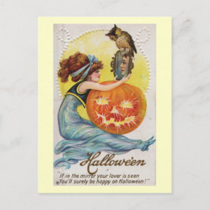 Cartão Postal Rapariga e Vintage de Halloween Espelho