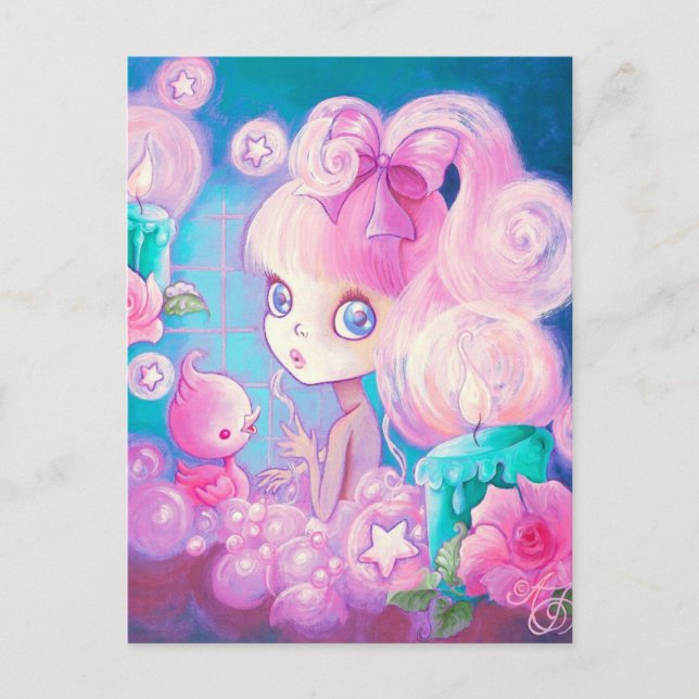 Cartão Postal Rapariga em Banho com Velas e Rosas (Frente)